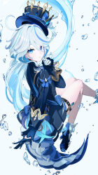 Rule 34 | 1girl, absurdres, back, black footwear, blue bow, blue dress, blue eyes, blue gemstone, blue gloves, blue hair, blue hat, blush, bow, closed mouth, dress, drop-shaped pupils, from behind, furina (genshin impact), gem, genshin impact, gloves, gold trim, hair between eyes, hand up, hat, hat bow, hat ornament, heterochromia, high heels, highres, leg up, light blue hair, long hair, long sleeves, looking at viewer, looking back, mismatched pupils, multicolored hair, sankichi (croquette crab), shoes, simple background, sitting, smile, socks, solo, symbol-shaped pupils, top hat, two-tone hair, water drop, white background, white socks