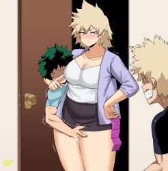 Rule 34 | 1girl, 2boys, absurdres, bakugou katsuki, bakugou mitsuki, blush, boku no hero academia, breasts, caught, cheating (relationship), cleavage, condom, condom wrapper, cyberboi, fingering, freckles, green hair, highres, large breasts, light blonde hair, midoriya izuku, mature female, mother and son, motherly netorare, multiple boys, plump, pussy juice, red eyes, sanpaku, shaded face, sweat, nervous sweating, thick thighs, thighs