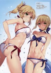 Rule 34 | 2girls, absurdres, armpit peek, arms behind back, artoria pendragon (all), artoria pendragon (fate), ass, bare arms, bare shoulders, beads, bikini, blonde hair, blue bow, blue ribbon, blush, bow, bow bikini, braid, breasts, collarbone, cowboy shot, fate/apocrypha, fate/stay night, fate (series), french braid, from below, gluteal fold, green eyes, grin, groin, hair beads, hair ornament, hair ribbon, hand under clothes, hand under swimsuit, hard-translated, hard-translated (non-english), highres, long hair, looking at viewer, looking down, medium breasts, mordred (fate), mordred (fate/apocrypha), multiple girls, navel, neck ribbon, petals, ponytail, red bow, revision, ribbon, saber (fate), side-tie bikini bottom, smile, swimsuit, third-party edit, white background, white bikini, yuran