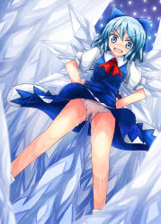Rule 34 | 1girl, 90i, bad id, bad pixiv id, blue eyes, blue hair, blush, bow, cameltoe, cirno, dress, from below, hands on own hips, highres, ice, ice wings, matching hair/eyes, open mouth, panties, pantyshot, pussy juice, pussy juice stain, ribbon, see-through, solo, spikes, touhou, underwear, upskirt, wet, wet clothes, wet panties, white panties, wings