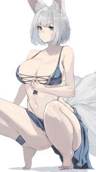 Rule 34 | 1girl, alexi oekaki, animal ears, azur lane, bare arms, bare shoulders, barefoot, bikini, blue bikini, blue eyes, blush, breasts, cleavage, fox ears, fox tail, highres, kaga (azur lane), kaga (everlasting killing stone) (azur lane), large breasts, looking at viewer, multiple tails, navel, official alternate costume, short hair, simple background, solo, squatting, swimsuit, tail, thighs, toes, white background