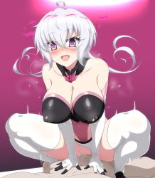 Rule 34 | 1boy, 1girl, ahoge, bare shoulders, breasts, censored, cleavage, clothed female nude male, clothed sex, clothing aside, covered erect nipples, covered navel, cowgirl position, danpu, elbow gloves, girl on top, gloves, heart, heart-shaped pupils, hetero, highres, impossible clothes, large breasts, leotard, light purple hair, long hair, low twintails, mosaic censoring, nipples, nude, open mouth, penis, pink leotard, purple eyes, pussy, senki zesshou symphogear, sex, shiny clothes, shiny skin, skin tight, smile, solo focus, spread legs, squatting cowgirl position, straddling, sweat, symbol-shaped pupils, thighhighs, twintails, vaginal, white gloves, yukine chris
