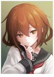 Rule 34 | 1girl, anchor symbol, black sailor collar, brown hair, faker ktd, green background, hair between eyes, hair ornament, hairclip, highres, ikazuchi (kancolle), index finger raised, kantai collection, long sleeves, neckerchief, parted lips, red neckerchief, sailor collar, school uniform, serafuku, short hair, simple background, solo, upper body