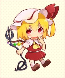 Rule 34 | 1girl, ascot, bad id, bad twitter id, blonde hair, chibi, fang, flandre scarlet, hat, laevatein, open mouth, ponpoko, red eyes, ribbon, short hair, side ponytail, smile, solo, touhou, wings