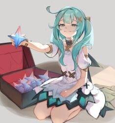 Rule 34 | 1girl, aqua hair, blue hair, breasts, dress, faruzan (genshin impact), genshin impact, green eyes, hair ornament, highres, jewelry, long hair, looking at viewer, lumo 1121, meme, primogem, scene reference, short sleeves, small breasts, smile, smug, solo, sousou no frieren, symbol-shaped pupils, triangle-shaped pupils, twintails, unfinished, white dress, x hair ornament, you can just give this kind of thing to men and they will be thrilled (meme)