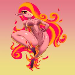 Rule 34 | 1girl, absurdres, bare shoulders, borrowed character, breasts, brenna (akairiot), colored sclera, colored skin, fiery hair, gradient background, hair over one eye, hand on own hip, highres, large breasts, leg up, minuspal, navel, original, pink background, pink skin, pointy ears, red eyes, revealing clothes, solo, thick thighs, thighs, yellow background, yellow sclera
