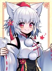 Rule 34 | 1girl, absurdres, animal ear fluff, animal ears, bare shoulders, china dress, chinese clothes, closed mouth, detached sleeves, dress, hat, highres, inubashiri momiji, looking at viewer, pokopoko ponzu, red eyes, ribbon-trimmed sleeves, ribbon trim, short hair, smile, solo, tail, tokin hat, touhou, upper body, white dress, white hair, white sleeves, wide sleeves, wolf ears, wolf girl, wolf tail