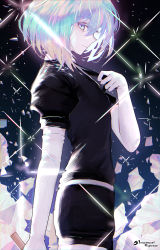 Rule 34 | 1other, adjusting clothes, adjusting necktie, androgynous, arm at side, belt, black necktie, bob cut, cowboy shot, crystal hair, diamond (houseki no kuni), elbow gloves, eyelashes, from side, gem uniform (houseki no kuni), gloves, highres, holding, holding weapon, houseki no kuni, inaeda kei, looking at viewer, multicolored hair, necktie, other focus, puffy short sleeves, puffy sleeves, rainbow hair, shards, short hair, short sleeves, shorts, smile, solo, sparkle, twitter username, weapon, white gloves
