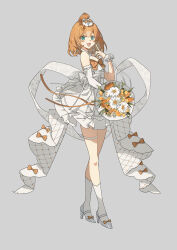 Rule 34 | 1girl, :3, absurdres, ahoge, aqua eyes, bare shoulders, blush, bouquet, bow, detached sleeves, dress, finger to face, flower, footwear bow, grey background, hair bow, high heels, highres, holding, holding bouquet, lai dou laile 555, looking at viewer, medium hair, millie parfait, nijisanji, nijisanji en, open mouth, orange bow, orange hair, simple background, single detached sleeve, single wrist cuff, smile, socks, solo, thigh strap, virtual youtuber, white dress, white socks, wrist cuffs