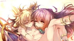 Rule 34 | 2girls, ;), anklet, armlet, asymmetrical docking, blizzomos, blonde hair, breast press, breasts, brown hair, carrying, closed eyes, closed mouth, collarbone, floating hair, gradient hair, highres, hijiri byakuren, jewelry, large breasts, long hair, looking at another, multicolored hair, multiple girls, nipples, nude, one eye closed, pointy hair, princess carry, purple hair, small breasts, smile, touhou, toyosatomimi no miko, yuri
