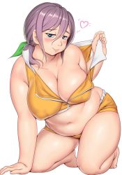 Rule 34 | 1girl, blue eyes, blush, breasts, cleavage, green ribbon, hair between eyes, heart, highres, kneeling, large breasts, looking at viewer, midriff, original, orizen, plump, purple hair, ribbon, side ponytail, smile, solo, thighs, undressing