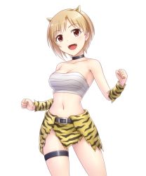 Rule 34 | 10s, 1girl, :d, aiba yumi, alternate costume, animal print, arm warmers, belt, blonde hair, breasts, buckle, choker, cleavage, clenched hands, collarbone, cowboy shot, eyebrows, fangs, horns, idolmaster, idolmaster cinderella girls, large breasts, legs apart, looking at viewer, midriff, navel, open mouth, pataneet, red eyes, sarashi, setsubun, short hair, simple background, skirt, smile, solo, thigh strap, tiger print, tiger stripes, white background