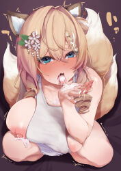 Rule 34 | 0marusankaku, 1girl, absurdres, animal ears, apron, areola slip, blonde hair, blue eyes, blush, braid, breasts, copyright request, covered erect nipples, cum, cum in mouth, cum on hands, cum on tongue, flower, fox ears, fox girl, fox tail, hair between eyes, hair flower, hair ornament, highres, huge breasts, long hair, looking at viewer, multicolored hair, multiple tails, naked apron, nipples, one breast out, open mouth, solo, streaked hair, tail, teeth, tongue, tongue out, trembling, upper teeth only, white apron, white hair