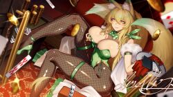 1girl animal_ear_fluff animal_ears bare_shoulders black_pantyhose blonde_hair blush bow bowtie breasts card casino cleavage cluseller commission detached_collar detached_sleeves fishnet_pantyhose fishnets fox_ears fox_girl fox_tail green_bow green_bowtie green_leotard hair_between_eyes holding holding_tray large_breasts leotard long_hair looking_at_viewer multiple_tails open_mouth original pantyhose pen playboy_bunny playing_card poker_chip ponytail second-party_source signature sitting skeb_commission solo strapless strapless_leotard suirin_(tukikagerou) table tail thigh_strap thighs tray yellow_eyes