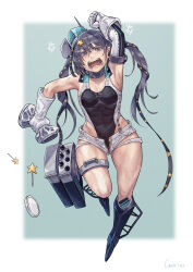 Rule 34 | 1girl, abs, absurdres, angry, aqua hat, black footwear, black one-piece swimsuit, black ribbon, breasts, cirenk, commission, competition swimsuit, garrison cap, gloves, grey eyes, grey hair, hair ornament, hair ribbon, hat, highleg, highleg swimsuit, highres, kantai collection, long hair, muscular, muscular female, one-piece swimsuit, open mouth, ribbon, rudder footwear, running, scamp (kancolle), short shorts, shorts, small breasts, solo, star (symbol), star hair ornament, swimsuit, teeth, twintails, white gloves, white shorts
