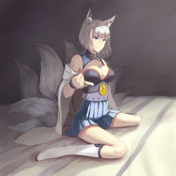 Rule 34 | 1girl, animal ears, artist request, azur lane, bare shoulders, blue eyes, blunt bangs, breasts, cleavage, closed mouth, collarbone, fox ears, fox tail, hakama, hakama short skirt, hakama skirt, japanese clothes, kaga (azur lane), large breasts, multiple tails, off shoulder, short hair, sitting, skirt, smile, solo, tail, undressing, wariza, white footwear, white hair, wide sleeves
