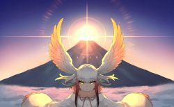 Rule 34 | 1girl, 2019, backlighting, bird wings, blunt bangs, cloud, diffraction spikes, frilled sleeves, frills, happa (cloverppd), head wings, japanese crested ibis (kemono friends), kemono friends, long sleeves, looking at viewer, mountain, multicolored hair, outdoors, outstretched arms, sky, solo, two-tone hair, white hair, wings, yellow eyes