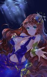 Rule 34 | 1girl, absurdly long hair, absurdres, ahoge, aqua eyes, bare shoulders, blue dress, blue eyes, bra, breasts, brown hair, cleavage, closed mouth, collarbone, dress, frilled bra, frills, hair ornament, hand on own chest, highres, jewelry, lace, lace-trimmed bra, lace trim, long hair, looking at viewer, mermaid, midriff, monster girl, multicolored eyes, multicolored hair, navel, original, parted bangs, red hair, ring, smile, solo, strapless, strapless dress, streaked hair, two-tone hair, underwear, vangee, very long hair, wavy hair, ||/