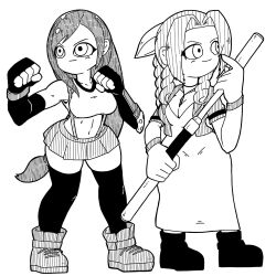 2girls aerith_gainsborough breasts cleavage closed_mouth cropped_jacket curtained_hair dress elbow_gloves final_fantasy final_fantasy_vii final_fantasy_vii_remake fingerless_gloves gloves hair_ribbon highres holding holding_staff jacket long_hair low-tied_long_hair medium_breasts miniskirt monochrome multiple_girls name_omoitukan2 navel open_clothes open_jacket pleated_skirt ribbon short_sleeves simple_background skirt smile sports_bra staff suspender_skirt suspenders tank_top thighhighs tifa_lockhart white_background zettai_ryouiki