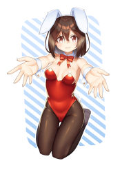 Rule 34 | 1girl, animal ears, black pantyhose, bow, bowtie, breasts, brown eyes, brown hair, commentary request, detached collar, fake animal ears, foreshortening, full body, highres, kuro emimi, leotard, looking at viewer, medium breasts, original, outstretched arms, pantyhose, playboy bunny, rabbit ears, rabbit girl, rabbit tail, red bow, red bowtie, red leotard, seiza, short hair, sitting, solo, strapless, strapless leotard, striped, striped background, tail, wrist cuffs