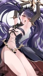 Rule 34 | 1girl, armpits, arms up, azur lane, balkenkreuz, black dress, black gloves, blush, bound, bound wrists, breast strap, breasts, center opening, clothing cutout, commentary request, cross, cross-laced clothes, cross-laced dress, dress, elbow gloves, felix schultz (azur lane), gloves, hair between eyes, heart, heart-shaped pupils, highres, iron cross, kazam fm, long hair, looking at viewer, naughty face, navel, open mouth, presenting armpit, purple hair, red eyes, revealing clothes, saliva, showgirl skirt, sleeveless, small breasts, solo, stomach cutout, symbol-shaped pupils, tongue, tongue out, twintails, very long hair