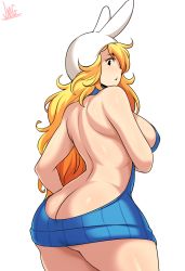 Rule 34 | 1girl, adventure time, animal ears, animal hood, ass, backless dress, backless outfit, bare back, bare shoulders, blonde hair, blue sweater, breasts, butt crack, dress, fionna the human girl, genderswap, genderswap (mtf), highres, hood, jmg, large breasts, long hair, meme attire, naked sweater, rabbit ears, rabbit hood, sideboob, simple background, sweater, turtleneck, turtleneck sweater, virgin killer sweater, white background