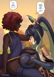 Rule 34 | 2girls, breasts, clothed sex, clothes, dark-skinned female, dark skin, english text, genshin impact, glasses, grabbing, grabbing own breast, highres, huge breasts, interracial, long hair, multicolored hair, multiple girls, open mouth, original, paizuri, ponytail, red hair, sex, sitting, speech bubble, umeyiyo, xianyun (genshin impact)