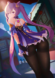 Rule 34 | 1girl, absurdres, artist request, ass, bare shoulders, blush, dress, embarrassed, from behind, from below, genshin impact, gloves, hair ornament, hairpin, highres, keqing (genshin impact), long hair, looking at viewer, pantyhose, purple dress, purple eyes, purple hair, shiny clothes, short dress, skirt, solo, twintails, very long hair