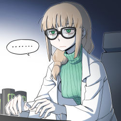 Rule 34 | ..., 1girl, aged down, bad id, bad pixiv id, bags under eyes, black-framed eyewear, blonde hair, blunt bangs, breasts, can, chair, closed mouth, commentary, creatures (company), game freak, glasses, green eyes, green sweater, highres, indoors, lab coat, long hair, long sleeves, monster energy, nintendo, nutkingcall, oleana (pokemon), outline, pale skin, pokemon, pokemon: twilight wings, pokemon (anime), ribbed sweater, sidelocks, sitting, sleepy, solo, spoken ellipsis, sweater, upper body