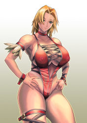 Rule 34 | 1girl, armlet, bare shoulders, blonde hair, blue eyes, breasts, choker, cleavage, covered erect nipples, curvy, dead or alive, dead or alive 2, hands on own hips, highres, huge breasts, leotard, parted bangs, red leotard, short hair, sideboob, signal-green, simple background, skindentation, solo, tecmo, thick thighs, thigh strap, thighs, tina armstrong, underboob