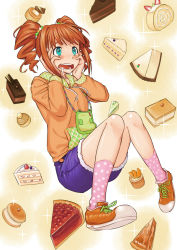 Rule 34 | 1girl, bag, blush, brown hair, cake, drooling, face, food, green eyes, hands on own cheeks, hands on own face, hungry, idolmaster, idolmaster (classic), inu (aerodog), long hair, open mouth, pink socks, polka dot, polka dot legwear, saliva, socks, solo, sparkle, sweets, takatsuki yayoi, twintails, wavy mouth
