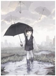 Rule 34 | 1girl, absurdres, black footwear, black hair, black shorts, black vest, blue eyes, boots, border, braid, building, city, cloud, cloudy sky, collared shirt, field, full body, grass, highres, holding, holding umbrella, ic (iccccccccc81), looking up, multicolored hair, open mouth, original, outdoors, pantyhose, puddle, rain, rubber boots, shirt, shorts, sky, skyscraper, solo, streaked hair, umbrella, vest, walking, water, white border, white hair, white pantyhose, white shirt