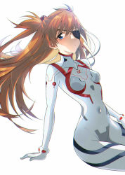 Rule 34 | 1girl, arm support, artist request, backlighting, bad id, bad pixiv id, blue eyes, bodysuit, breasts, covered navel, curvy, evangelion: 3.0+1.0 thrice upon a time, eyepatch, floating hair, frown, hand on own thigh, interface headset, long hair, looking at viewer, medium breasts, neon genesis evangelion, orange hair, plugsuit, rebuild of evangelion, shiny clothes, shiny skin, simple background, skin tight, solo, souryuu asuka langley, thighs, twintails, two side up, white background, white bodysuit, wide hips