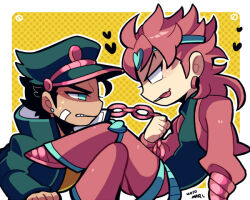 Rule 34 | 2boys, arm support, bandage on face, bandages, blue eyes, border, chain, coat, dio brando, earrings, from side, grimace, hat, heart, jacket, jewelry, jojo no kimyou na bouken, kotorai, kuujou joutarou, licking lips, limited palette, long hair, looking at another, male focus, multiple boys, pulling, shaded face, shirt, short hair, tongue, tongue out, white border, yaoi