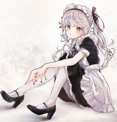 Rule 34 | 1girl, absurdres, apron, black dress, black footwear, black nails, commentary, dress, frilled apron, frills, full body, grey hair, high heels, highres, knees up, long hair, looking at viewer, maid, maid apron, maid headdress, nail polish, original, pantyhose, parted lips, ponytail, puffy short sleeves, puffy sleeves, sha2mo, shoes, short sleeves, sitting, solo, very long hair, white apron, white pantyhose, yellow eyes