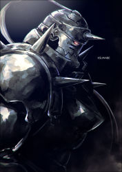 Rule 34 | 1boy, alphonse elric, armor, artist name, black background, commentary request, full armor, fullmetal alchemist, gradient background, k-suwabe, male focus, simple background, solo, upper body