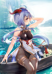 Rule 34 | 1girl, ahoge, arm up, bare shoulders, bell, bird, black leotard, blue hair, breasts, cameltoe, canoe, chinese knot, flower, flower knot, ganyu (genshin impact), genshin impact, goat horns, gold trim, highres, horns, leotard, long hair, looking to the side, medium breasts, neck bell, outdoors, pantyhose, purple eyes, sidelocks, sitting, solo, tassel, thighlet, thighs, waist cape, water, white flower, yan (nicknikg)