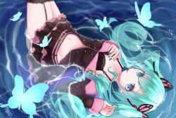 Rule 34 | 1girl, belt buckle, black bra, black jacket, black skirt, black thighhighs, blue eyes, blue hair, bra, breasts, buckle, bug, butterfly, butterfly hair ornament, collarbone, floating hair, frilled skirt, frilled thighhighs, frills, garter straps, hair between eyes, hair ornament, hatsune miku, highres, insect, jacket, katorea, layered skirt, long hair, lying, midriff, miniskirt, navel, off-shoulder jacket, off shoulder, on back, open clothes, open jacket, skirt, small breasts, solo, stomach, thighhighs, twintails, underwear, very long hair, vocaloid, water surface, zettai ryouiki