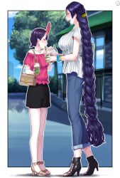 Rule 34 | 2girls, age difference, alternate costume, bag, bare legs, black eyes, black footwear, black shorts, blue sky, blush, bracelet, braid, breasts, casual, collarbone, commentary request, day, denim, drinking, drinking straw, earrings, fate/grand order, fate (series), french braid, frilled shirt, frills, from side, full body, handbag, high heels, horns, jeans, jewelry, large breasts, long hair, low ponytail, minamoto no raikou (fate), multiple girls, necklace, nose blush, off-shoulder shirt, off shoulder, onee-loli, open mouth, outdoors, outside border, pants, pink shirt, pinup (style), profile, purple hair, railing, road, sandals, shirt, short hair, short sleeves, shorts, shoulder bag, shuten douji (fate), single braid, skin-covered horns, sky, standing, starbucks, street, striped clothes, striped shirt, sweat, titiduki (manman-ya), toeless footwear, tree, vertical-striped clothes, vertical-striped shirt, very long hair, white shirt, yuri