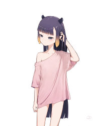 Rule 34 | 1girl, absurdres, animal ears, bare shoulders, black hair, blunt bangs, blush, collarbone, cowboy shot, dino (dinoartforame), flat chest, gradient hair, grey hair, highres, holding, holding hair, hololive, hololive english, long hair, looking to the side, mole, mole under eye, multicolored hair, ninomae ina&#039;nis, no pants, orange hair, os-tan, pink shirt, ruffling hair, shirt, sidelocks, simple background, single bare shoulder, solo, tentacle hair, thigh strap, very long hair, virtual youtuber, white background