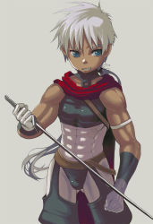 Rule 34 | 1boy, abs, bare arms, blue eyes, bulge, chaps, child, clenched teeth, cloak, collar, grey background, gun sling, male focus, muscular, muscular male, open mouth, original, ponytail, simple background, sleeveless, solo, standing, sword, tayu (mousou dokoro 2), teeth, weapon, white hair