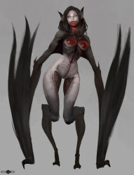 Rule 34 | 1girl, banjiu e&#039;vik, bat girl, bat wings, black hair, blood, blood on face, breasts, facial mark, fur, grey background, horror (theme), long hair, monster, monster girl, navel, no pupils, original, parted lips, pointy ears, red lips, signature, simple background, solo, standing, vampire, veins, wings, yellow eyes