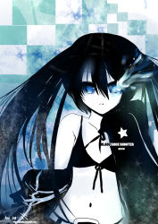 Rule 34 | 10s, 1girl, artist name, bare shoulders, belt, bikini, bikini top only, black bikini, black jacket, black ribbon, black rock shooter, black rock shooter (character), blue eyes, collarbone, colored skin, copyright name, female focus, flaming eyes, flat chest, front-tie bikini top, front-tie top, hair between eyes, hatsune miku, jacket, long hair, looking at viewer, monochrome, navel, off shoulder, open clothes, open jacket, ribbon, signature, solo, spot color, stomach, swimsuit, twintails, upper body, very long hair, vocaloid, watermark, white skin, xephonia