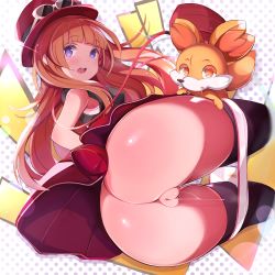 Rule 34 | 1girl, absurdres, ass, bag, bent over, black thighhighs, blunt bangs, blush, breasts, brown hair, cleft of venus, creatures (company), dutch angle, female focus, fennekin, from behind, game freak, gen 6 pokemon, glasses, hat, highres, long hair, looking at viewer, looking back, nintendo, open mouth, panties, panty pull, papion, pokemon, pokemon (creature), pokemon xy, polka dot, polka dot background, purple eyes, pussy, pussy juice, serena (pokemon), shirt, shoulder bag, sidelocks, skirt, sleeveless, sleeveless shirt, stained panties, thighhighs, thighs, uncensored, underwear