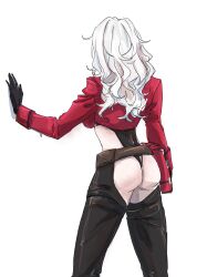 Rule 34 | 1girl, absurdres, ass, backless pants, black gloves, black leotard, breasts, chaps, coat, coat on shoulders, cropped jacket, from behind, gloves, goddess of victory: nikke, highres, jacket, large breasts, leotard, long hair, messy hair, pants, red jacket, simple background, solo, white background, white coat, white hair, yul shihara, yulha (nikke)