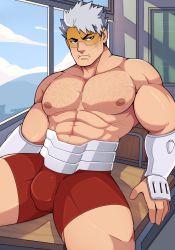 Rule 34 | 1boy, abs, bara, bodysuit, boku no hero academia, bulge, chest hair, classroom, cleavage cutout, clothing cutout, cross scar, facial scar, fangs, geckobara, grey hair, highres, large pectorals, looking at viewer, male focus, mature male, muscular, muscular male, nipples, pectorals, red bodysuit, red shorts, scar, scar on cheek, scar on face, topless male, short hair, shorts, sideburns, sitting, skin tight, solo, spread legs, stomach, thick thighs, thighs, vambraces, vlad king (boku no hero academia), white hair