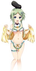 Rule 34 | 1girl, adapted costume, arm garter, bandeau, bare arms, bare legs, bare shoulders, blush, bow, breasts, commentary request, detached collar, feet out of frame, frilled shirt collar, frills, green eyes, green hair, groin, hair bobbles, hair ornament, hat, highres, holding, bridal garter, looking at viewer, maturiuta sorato, midriff, navel, open mouth, ribbon, shawl, short hair, short hair with long locks, simple background, small breasts, smile, solo, standing, teireida mai, thighs, touhou, white background, wrist cuffs, yellow bow, yellow ribbon