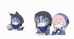 Rule 34 | !?, 2girls, ?, arknights, blue eyes, blue hair, blue poison (arknights), cake, chibi, closed eyes, covering own mouth, double bun, food, glaucus (arknights), hair bun, happy, heart, hood, hood up, hooded jacket, jacket, long sleeves, low twintails, multicolored hair, multiple girls, open mouth, pink hair, streaked hair, tail, tail grab, twintails, zhu mianzi