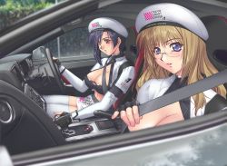 Rule 34 | 2girls, blonde hair, blue hair, breasts, car, car interior, cleavage, glasses, gtr, hat, highres, large breasts, motor vehicle, multiple girls, nail polish, nissan, nissan gt-r, r1, race queen, right-hand drive, thighhighs, vehicle