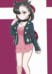 Rule 34 | 1girl, asymmetrical bangs, backpack, bag, black choker, black hair, black jacket, blush, breasts, choker, clenched hands, closed mouth, commentary request, creatures (company), dress, earrings, eyelashes, game freak, green eyes, hair ribbon, hand up, highres, jacket, jewelry, knees, kukaninugi, long sleeves, looking at viewer, marnie (pokemon), nintendo, open clothes, open jacket, pink dress, pokemon, pokemon swsh, red bag, red ribbon, ribbon, shiny skin, solo, twintails